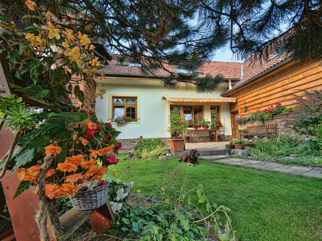 a dog laying in the yard of a house at Penzion Sina in Pavčina Lehota