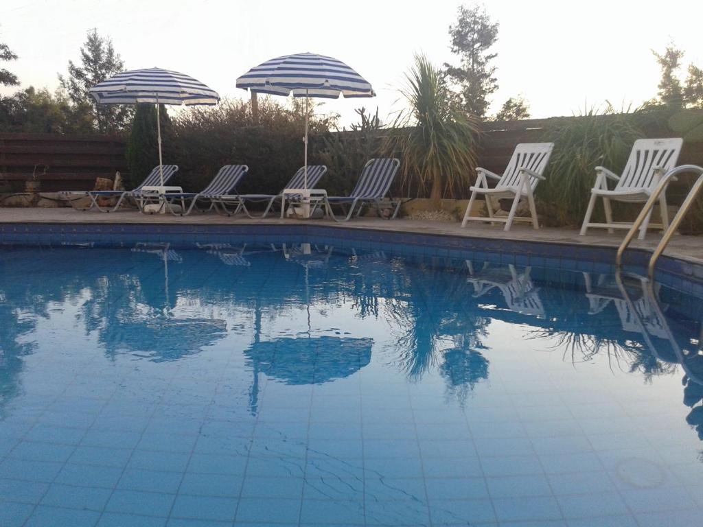 un grupo de sillas y sombrillas sentadas junto a una piscina en Arilena Holiday Apartments en Pafos