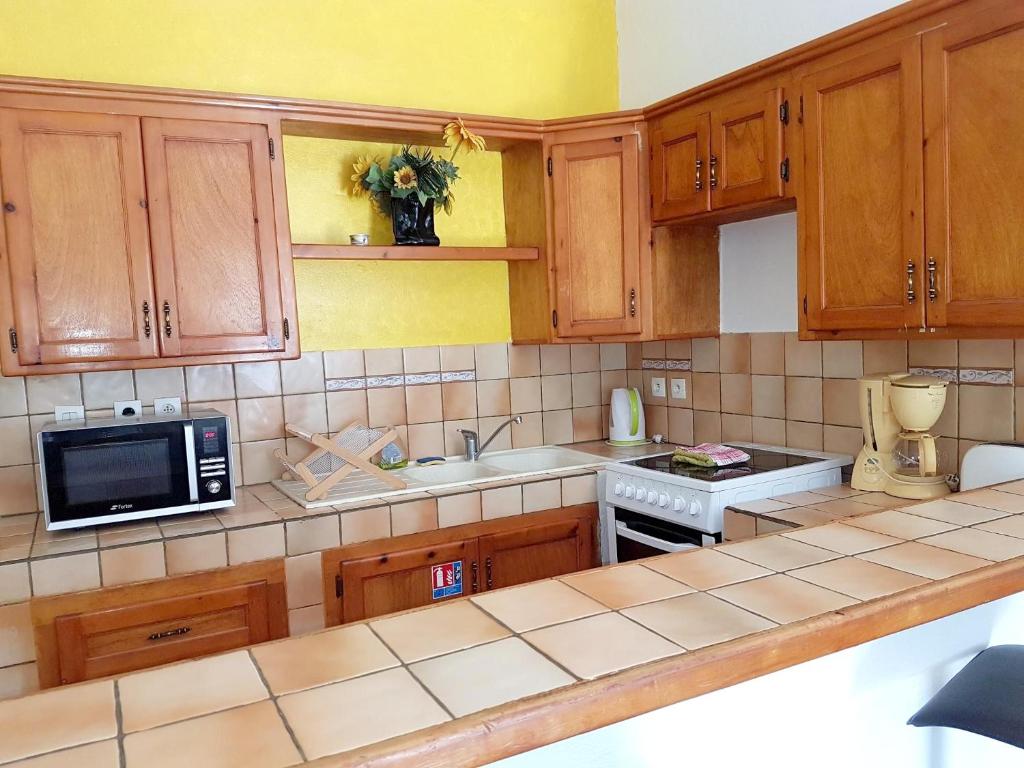 a kitchen with wooden cabinets and a microwave at One bedroom appartement with furnished garden and wifi at La Savane 2 km away from the beach in Happy Bay