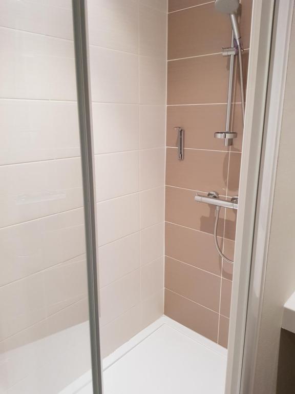 a shower with a glass door in a bathroom at Logis Hôtel A la Bonne Auberge in Laval
