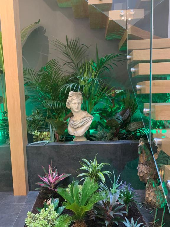 un jardin avec une statue dans une pièce ornée de plantes dans l'établissement Apartamentos San Fernando 24, à Cordoue