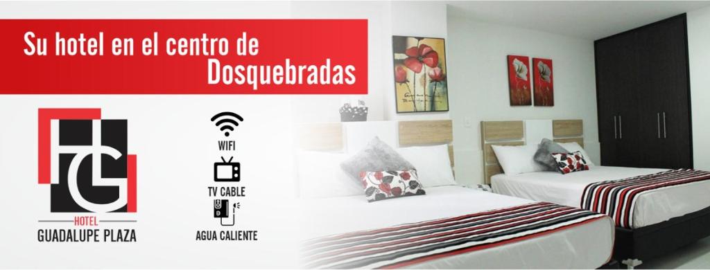 a poster of a bedroom with two beds in it at Hotel Guadalupe Plaza in Dosquebradas