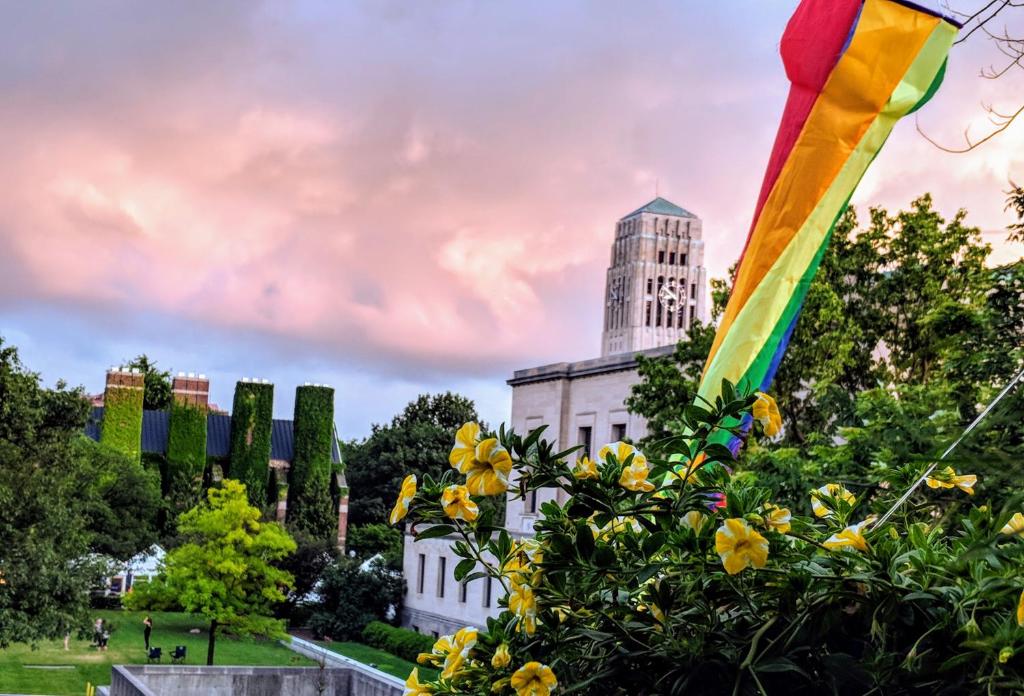 un edificio con una bandiera arcobaleno e fiori di fronte ad esso di Ann Arbor Bed and Breakfast ad Ann Arbor