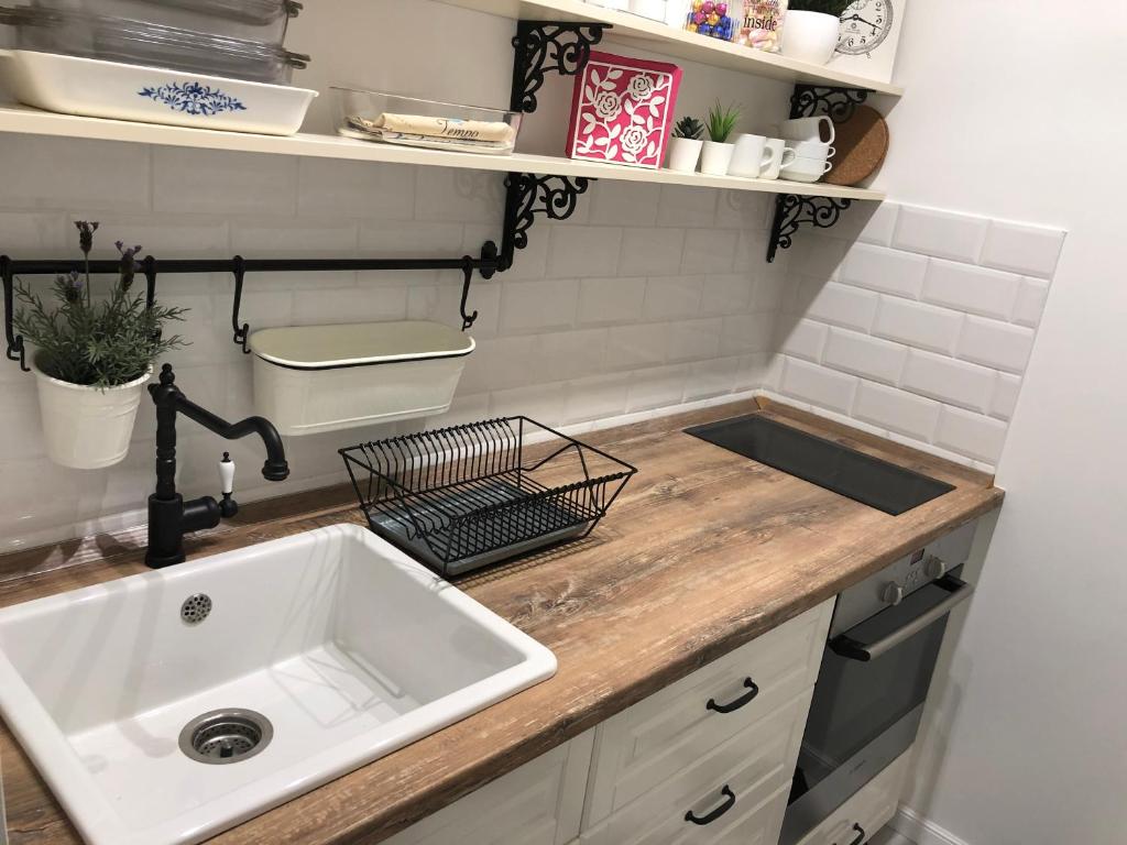 kuchnia ze zlewem i blatem w obiekcie Margaréta Apartman w mieście Pecz