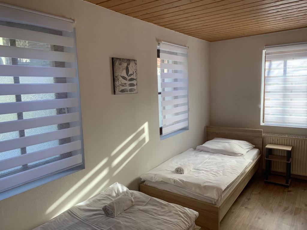 two twin beds in a room with two windows at GlashüttenHaus in Uhingen