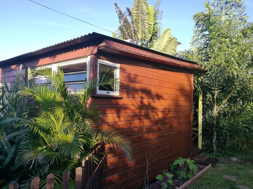 a small house with an open window in a garden at Cazadodo in Étang-Salé