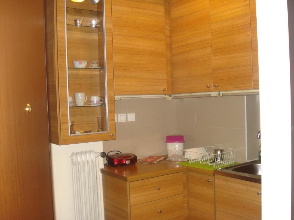 kuchnia z drewnianymi szafkami i blatem w obiekcie Apartment city center w mieście Patras