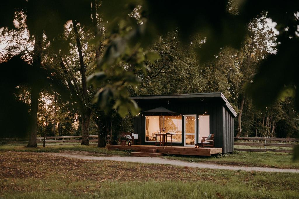 un piccolo capanno con un tavolo in un parco di Dunduriņi a Talsi