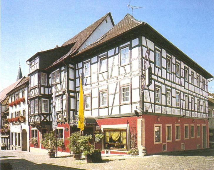 un grande edificio bianco e rosso con una bandiera di fronte di Hotel zum Lamm a Gundelsheim