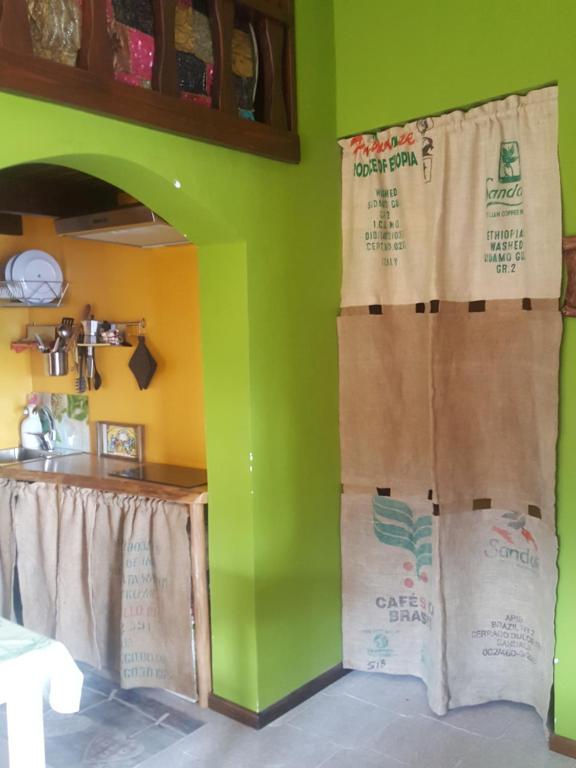 a kitchen with a green wall and a table with bags at B&B Pian Savin in Giaveno