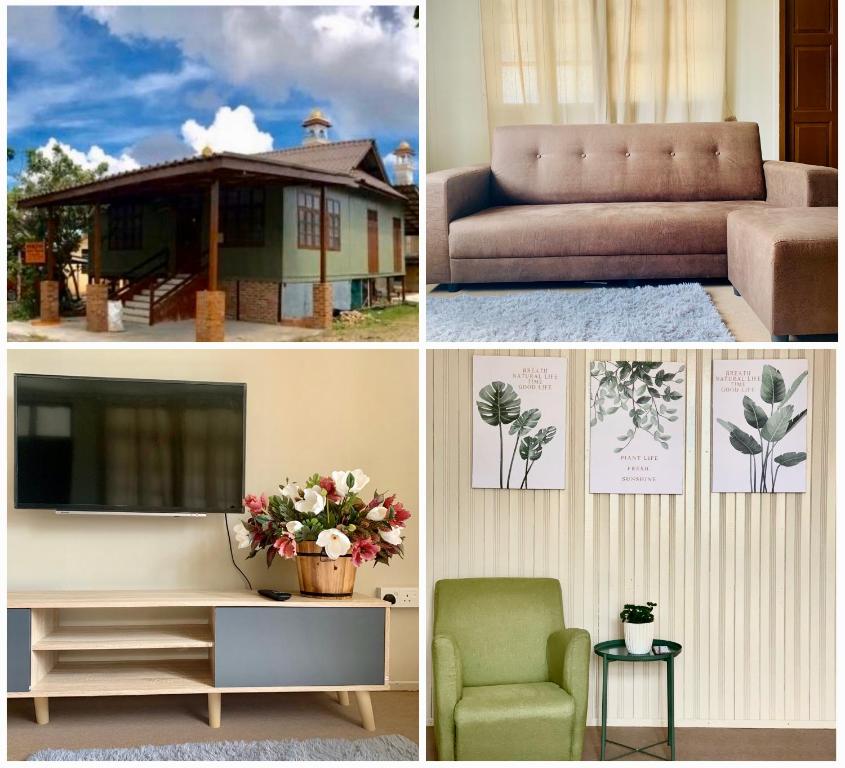 a collage of pictures with a couch and a tv at Sarah Guesthouse in Kuala Terengganu