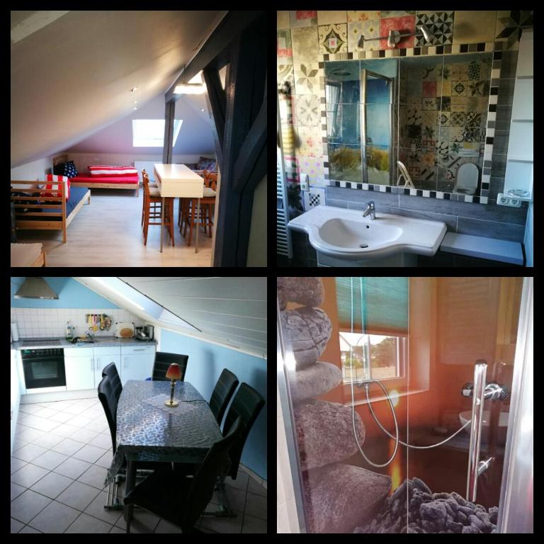 a collage of three pictures of a kitchen and a bathroom at Ferienwohnungen-Hasselroth in Hasselroth
