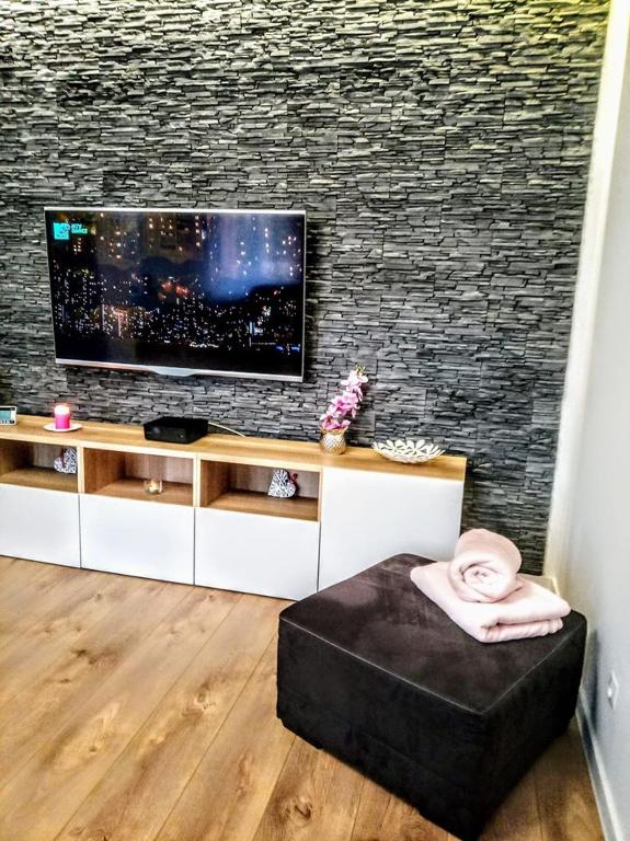 a living room with a flat screen tv on a brick wall at Apartament Sasanka in Kowary