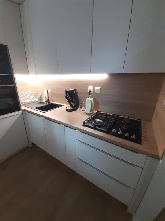 A kitchen or kitchenette at Apartment Klimka with balcony, free wifi and free parking