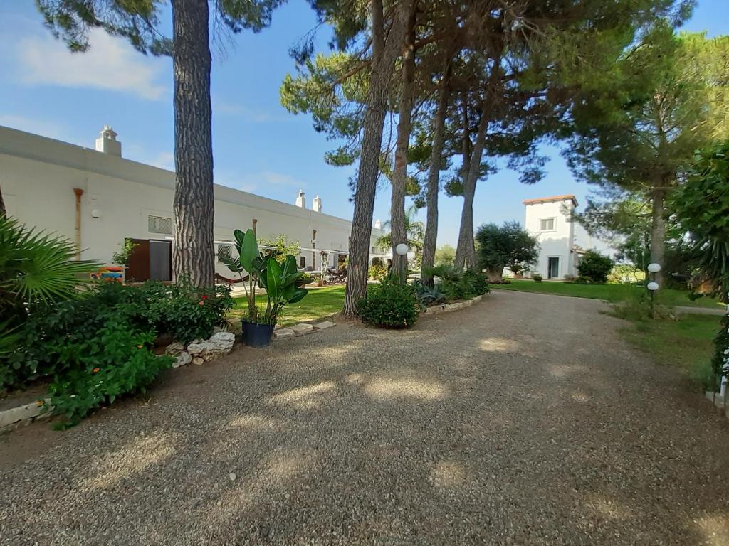 una entrada que conduce a un edificio blanco con árboles en Agriturismo La Stornara, en Marina di Ginosa