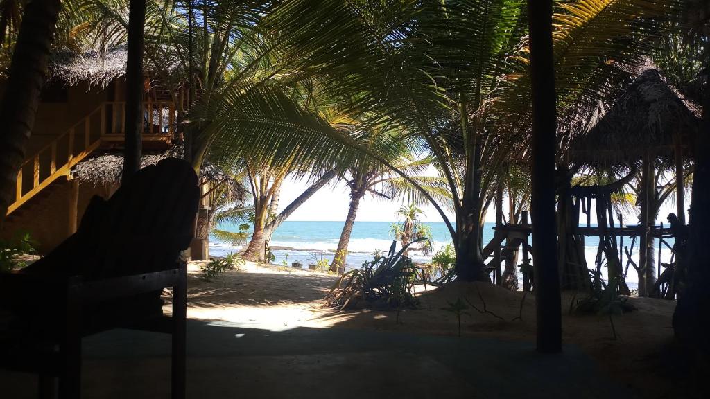 una vista di una spiaggia con palme e l'oceano di The Alpha Monkey hotel & Tree house a Tangalle