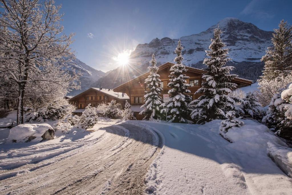 a snow covered road in front of a lodge at Chalet D in Grindelwald