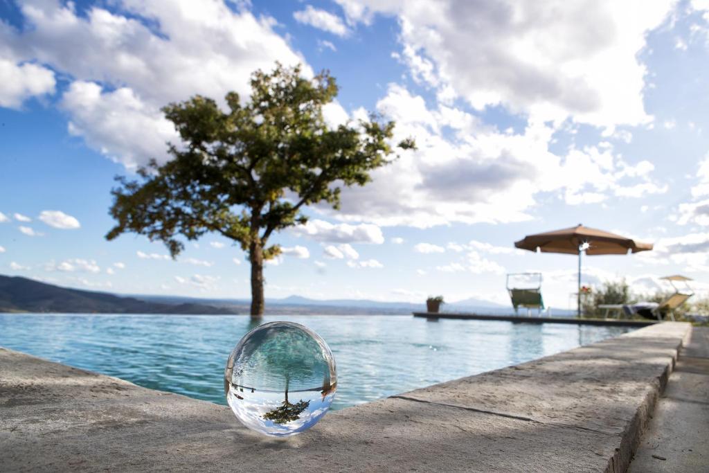 una bola de cristal sentada junto a una piscina en BellaVista di Mammi en Castiglion Fiorentino