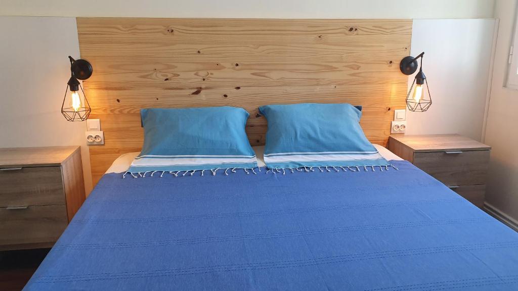 um quarto com uma cama azul e 2 almofadas azuis em BRUMA HOSTEL em Ponta Delgada