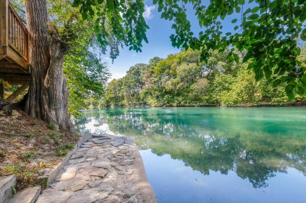 vistas a un río con un árbol y una casa en Lamb's Rest Inn, en New Braunfels