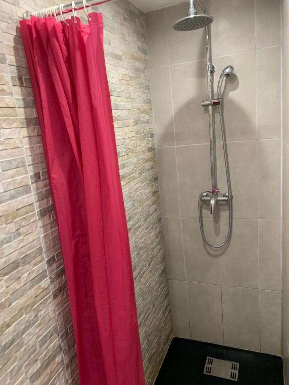 y baño con ducha de color rojo y cortina de ducha. en Charmant Studio au cœur historique de Fréjus, en Fréjus