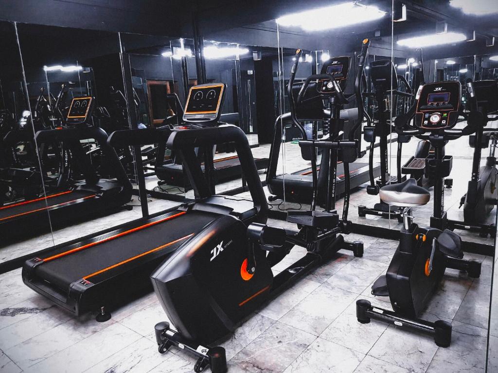 A mirrored cardio room with treadmills, elliptical trainers and a stationary bike.