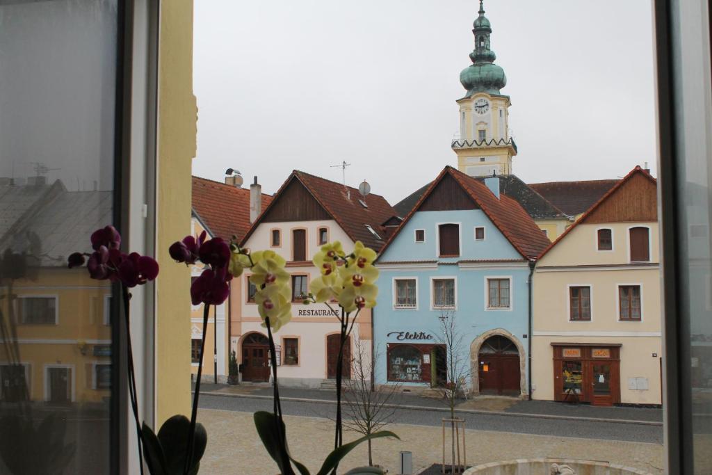 una vista da una finestra di una città con torre dell'orologio di Pension TV a Planá