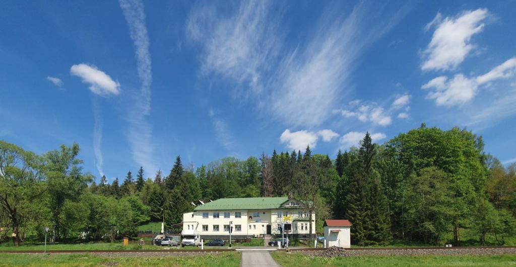 uma grande casa branca com um telhado verde em Olivin Kytlice em Kytlice