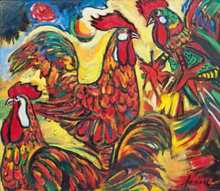 une peinture de coqs et de poulets en dans l'établissement B&B El Pojo, à Ala