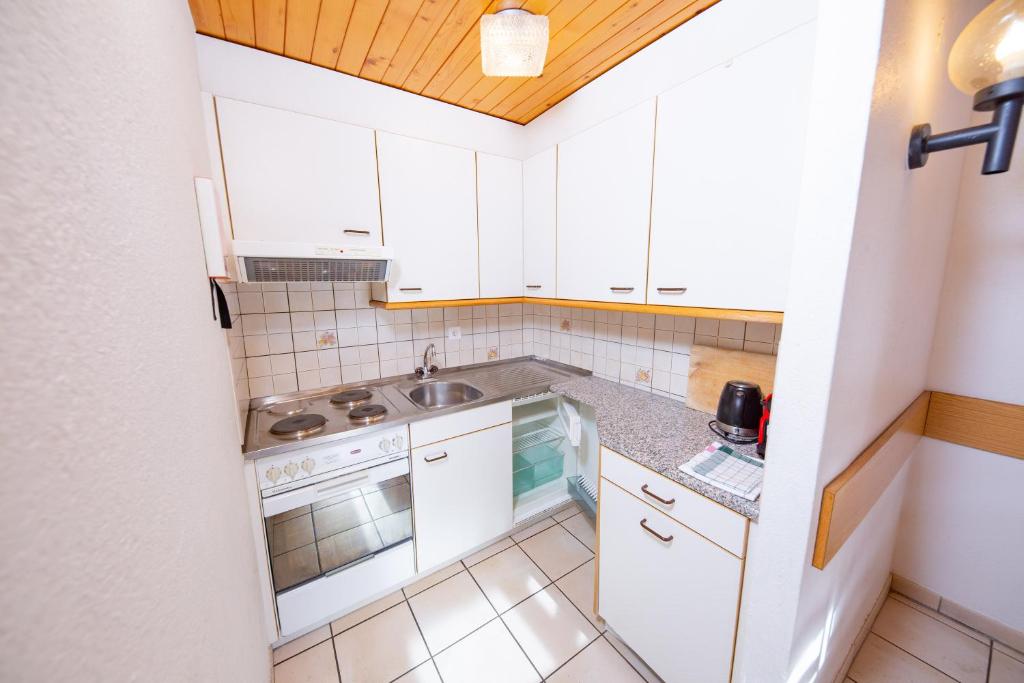 a small kitchen with white cabinets and a sink at Haus Alfa in Saas-Fee