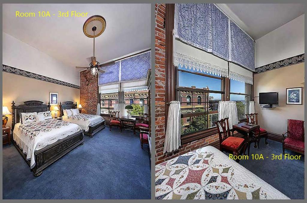 ein Schlafzimmer mit einem Bett und ein Zimmer mit einem Balkon in der Unterkunft The Palace Hotel in Port Townsend