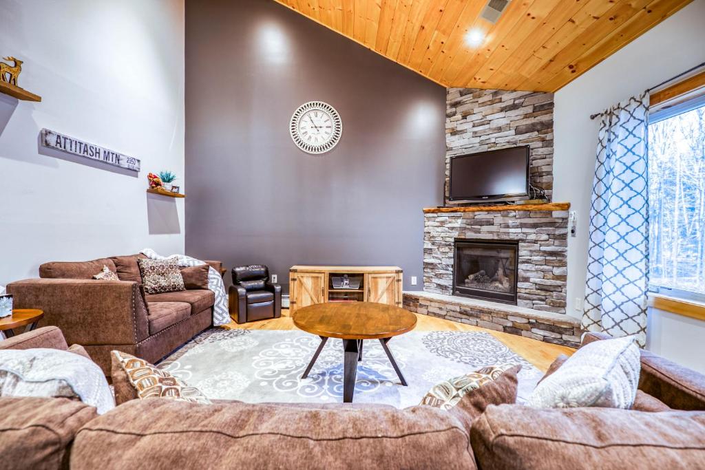 a living room with couches and a fireplace at Bear Village 14 in Bartlett