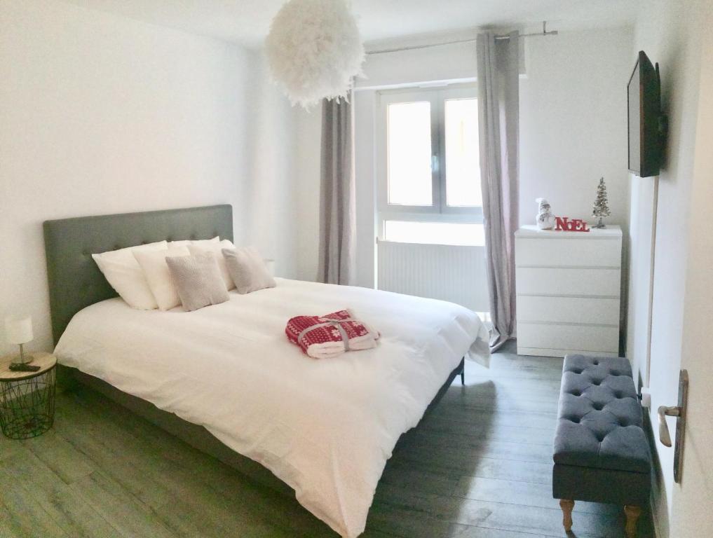 a bedroom with a large white bed and a window at Cosy and You in Colmar
