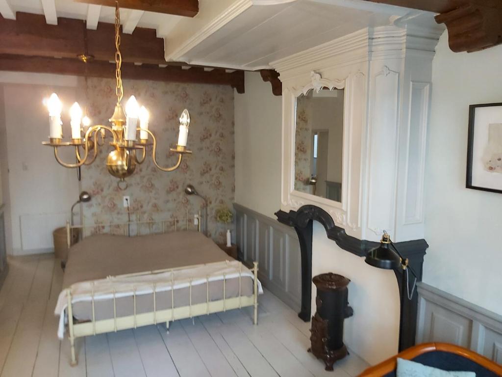 Schlafzimmer mit einem Bett und einem Kronleuchter in der Unterkunft De olde banck in Stavoren