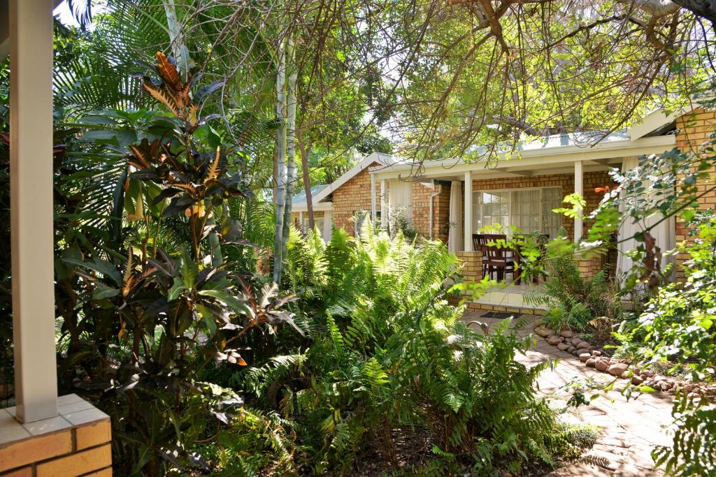 a garden in front of a house with plants at Chobe River Cottages in Kasane