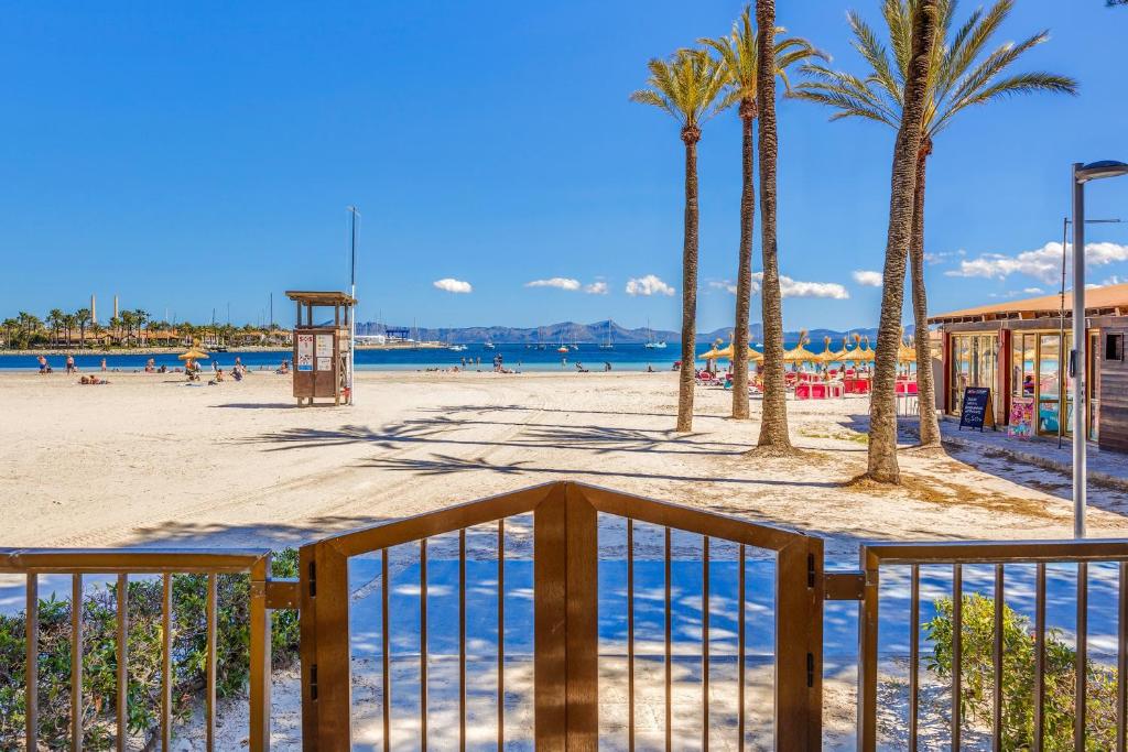 una spiaggia sabbiosa con palme e un parco giochi di Ana Playasol a Port d'Alcudia