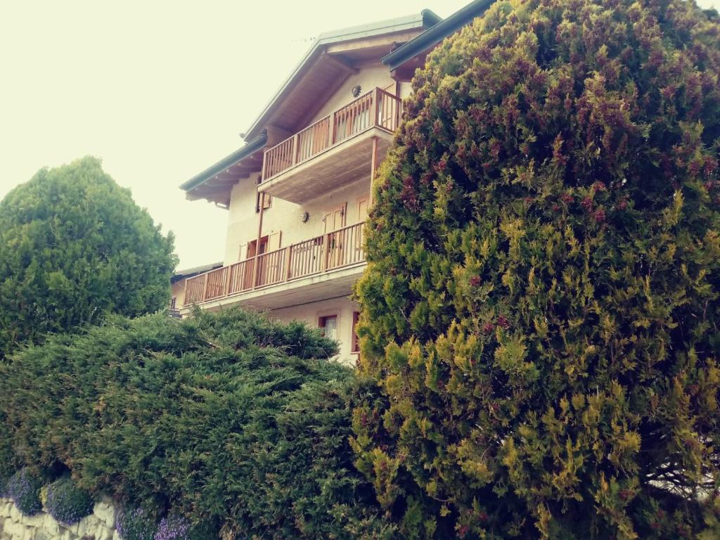 un gran edificio es visto detrás de un gran árbol en Agriturismo Monica, en Ronzo Chienis