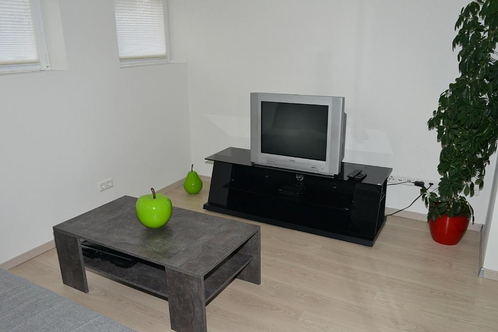 una sala de estar con TV y una manzana sobre una mesa en Apartment in Reutlingen / Sickenhausen, en Reutlingen