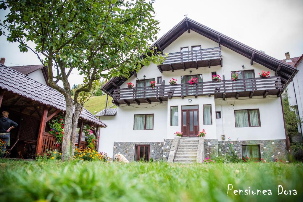 a white house with flower boxes on the balcony at Casa Dora in Moieciu de Sus