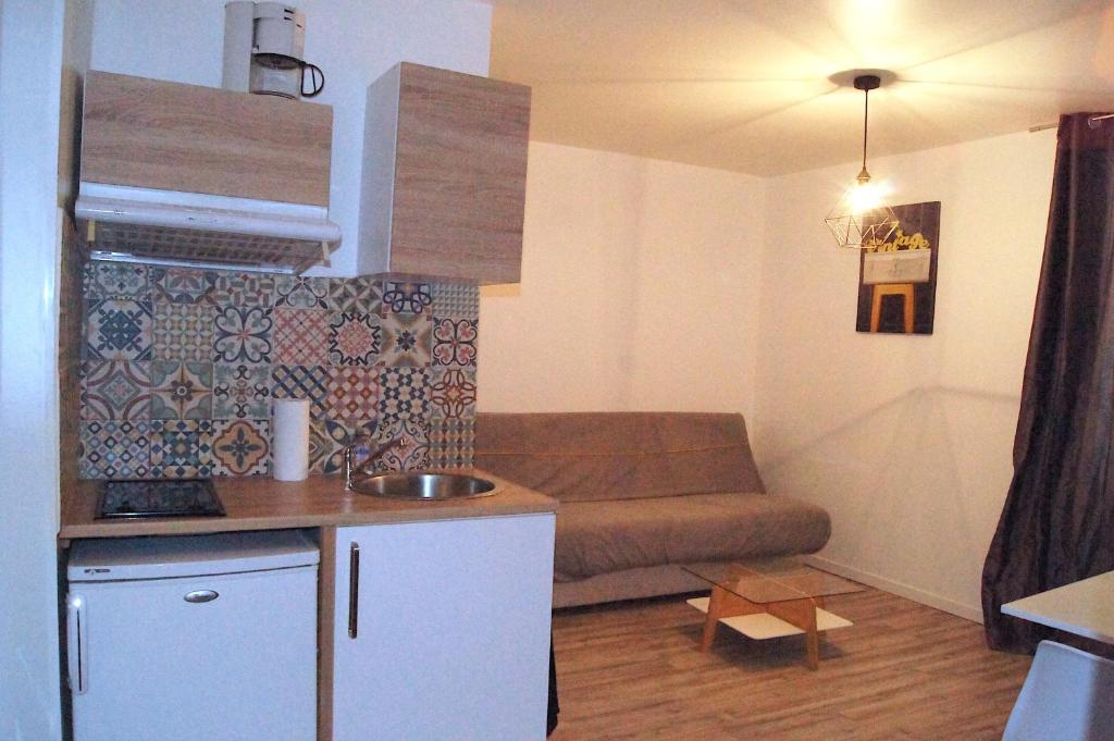 カオールにあるChez Sachaの小さなアパートメントで、小さなキッチン(ソファ付)が備わります。