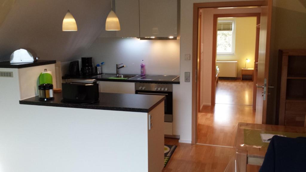 cocina con fregadero y encimera en Pension Wauri , Ferienwohnung ' SCHWÄBISCHE ALB ' , Mansarden - Wohnung, en Waldenbuch