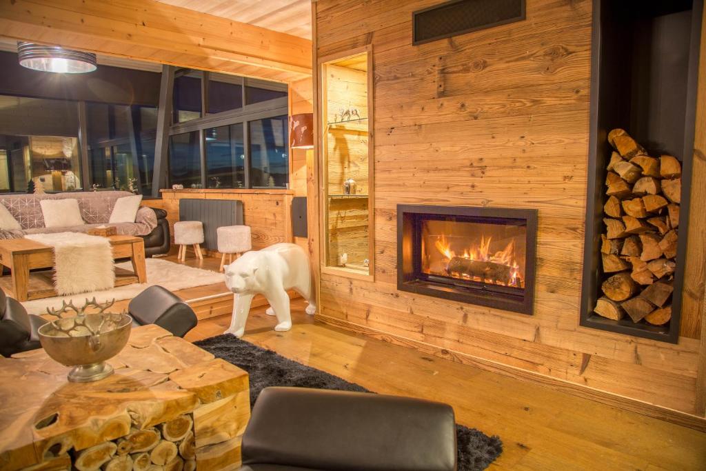豐羅穆的住宿－level mountain，一只狗站在带壁炉的客厅