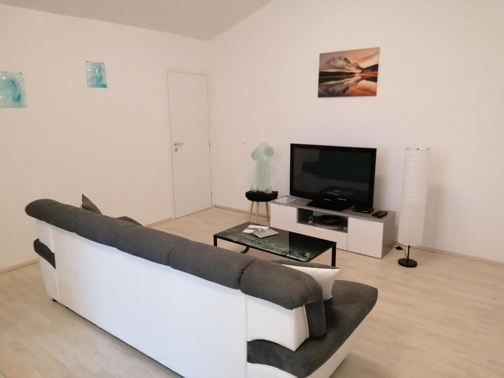 Apartman DORIS-Sveta Nedelja في Strmec Samoborski: غرفة معيشة مع أريكة وتلفزيون