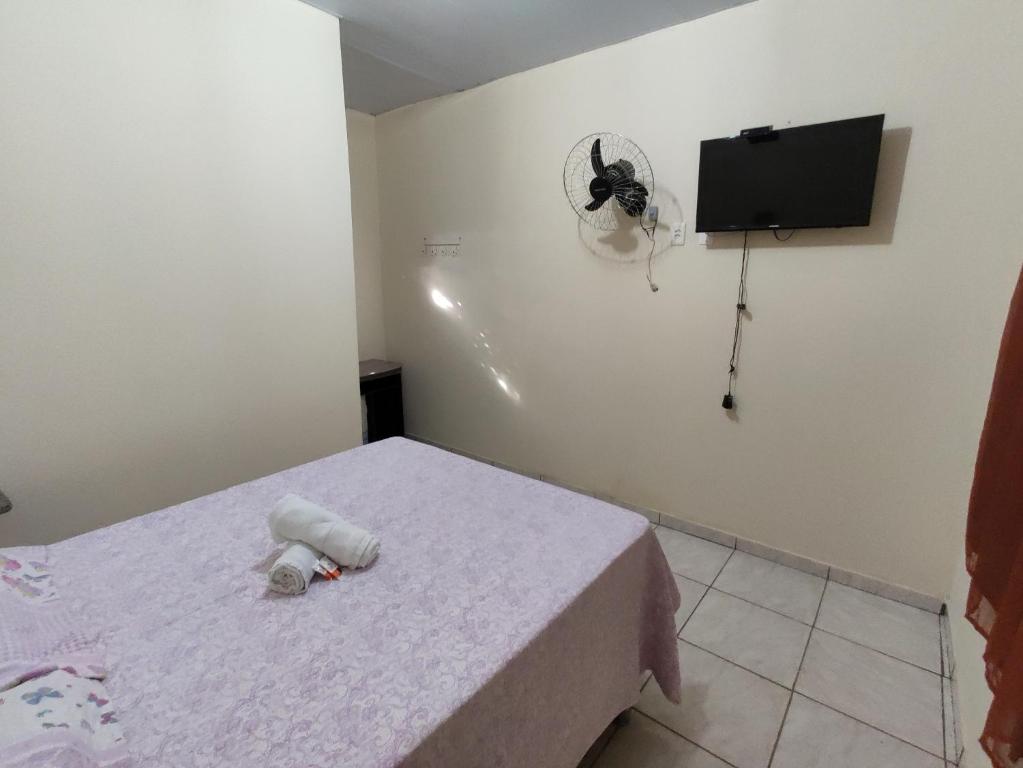um quarto com uma cama e uma ventoinha na parede em Pousada do Professor em Pirenópolis