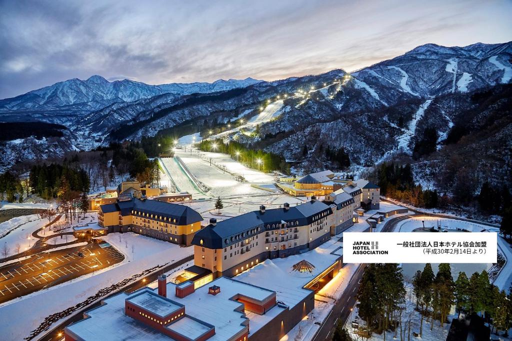 an aerial view of a ski resort in the mountains at Lotte Arai Resort in Myoko