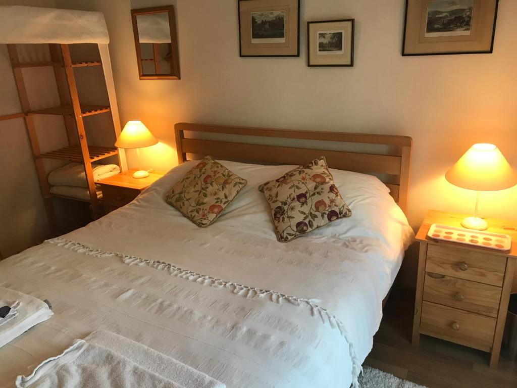 a bedroom with a bed with two pillows and two lamps at The Old Coach House in Pen-pergwm