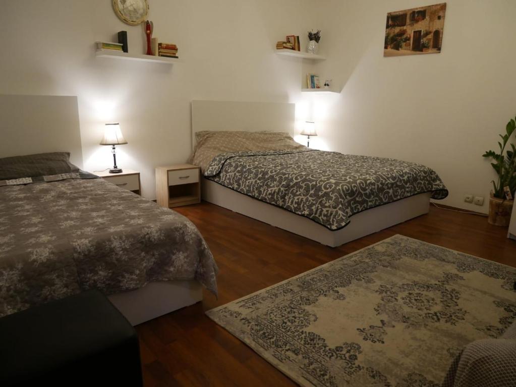 1 Schlafzimmer mit 2 Betten, einem Teppich und 2 Lampen in der Unterkunft Jolie Place Old Town in Timişoara