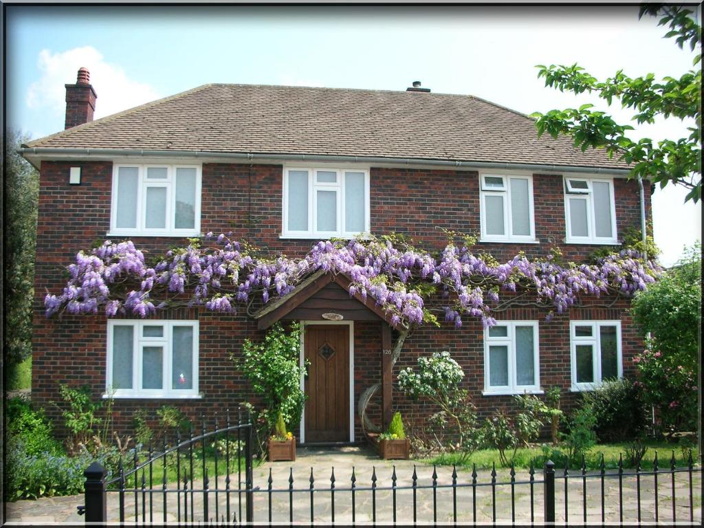 une maison avec des fleurs violettes à l'avant dans l'établissement Clay Farm Guest House, à Bromley