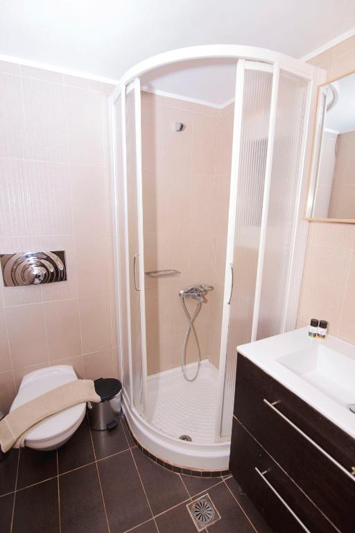a bathroom with a shower and a toilet and a sink at Hotel Grand Nefeli in Vasiliki