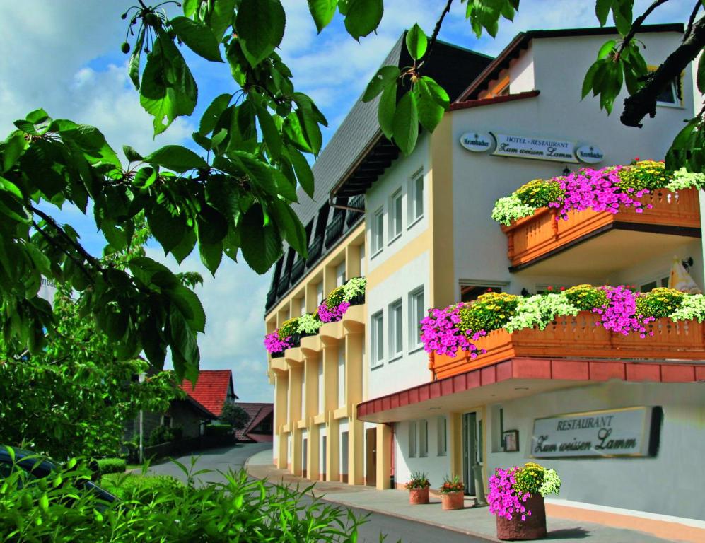 un bâtiment avec des boîtes de fleurs sur son côté dans l'établissement Zum Weissen Lamm, à Rothenberg